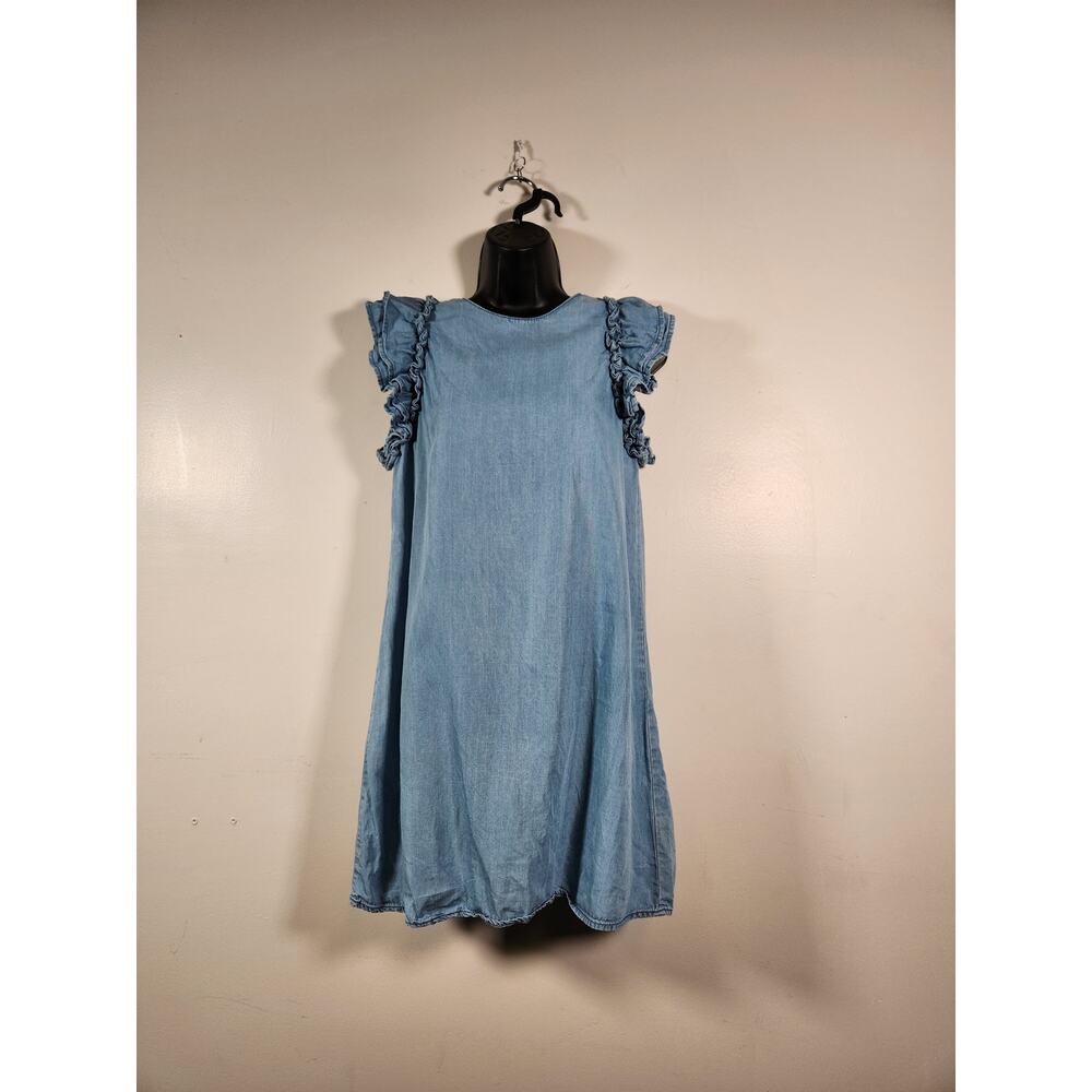 BLUE RAIN Chambray Mini Dress Women S Blue Tiered Ruffle Sleeve 100% Tencel Boho